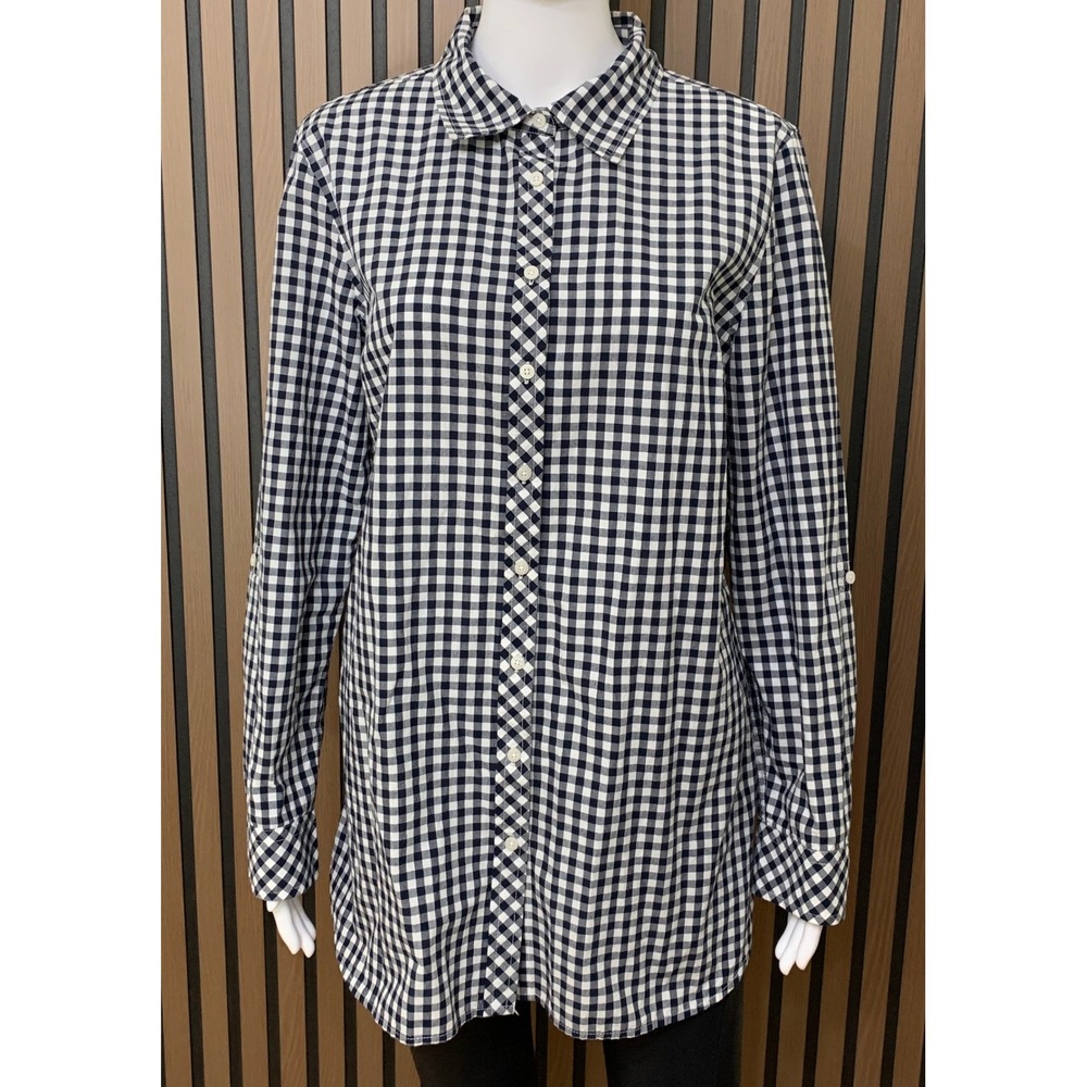 Talbots Black White Gingham Cotton Button Down Tunic Shirt Medium Long Sleeve
